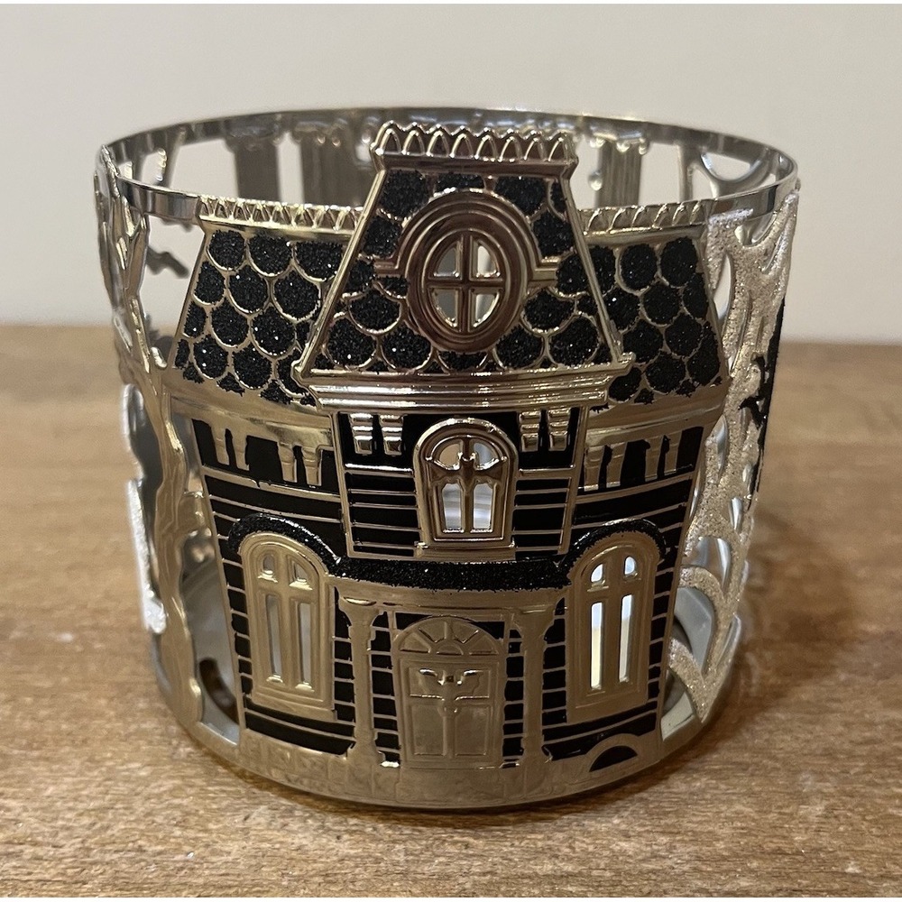 BBW Halloween Haunted House 3 Wick Candle Holder Sleeve Glitter Ghost Spider